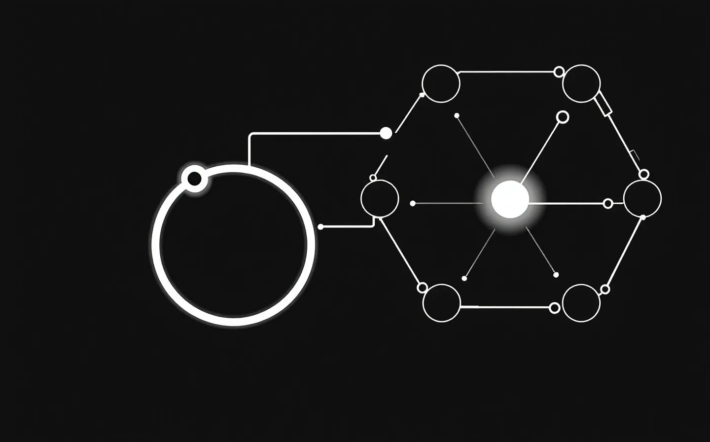 A stark monochrome emblem of a white cyclic peptide ring feeding a central amaranth receptor node inside a simple brain-region outline, on a near-black ground